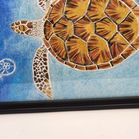 Hand Crafted Sea Turtle Colored Pencil Drawing Framed 9x11" - Picture 7 of 14